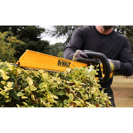 DEWALT hedge trimmer in use. SKUs: DCMHT567N, DCMHT567P1-QW, DCMHT567N-XJ, DCMHT567P1. Photography category.