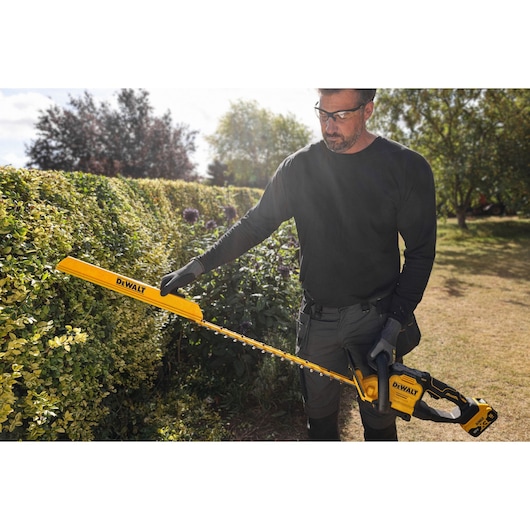 DEWALT hedge trimmer used outdoors. Shown: DCMHT567N, DCMHT567P1-QW, DCMHT567N-XJ, DCMHT567P1.