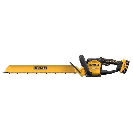 DEWALT cordless hedge trimmer DCMHT567P1-QW, DCMHT567P1, yellow and black, shown in side view.