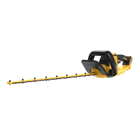 Cordless DEWALT hedge trimmer with long blade and ergonomic handle, shown on white background.
