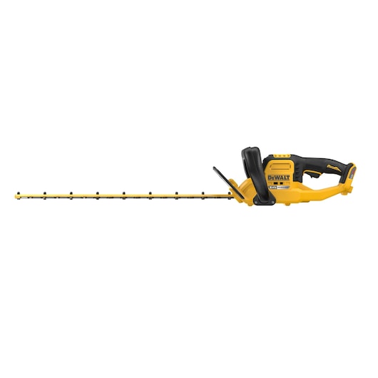 DEWALT cordless hedge trimmer with a yellow and black body and long blade, shown on a white background.