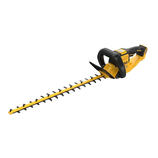 Yellow and black cordless hedge trimmer with a long blade and ergonomic handle, photographed on white background.