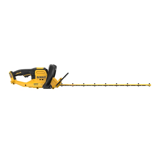 DEWALT cordless hedge trimmer with a long yellow blade and black handle, shown on a white background.