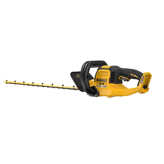 DEWALT cordless hedge trimmer, yellow and black, side view, long blade shown without battery installed.