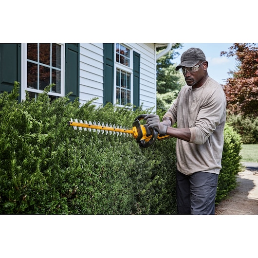 A person is trimming a hedge outside a house using a yellow DEWALT cordless hedge trimmer. The person is wearing gloves, a cap, and casual clothing.