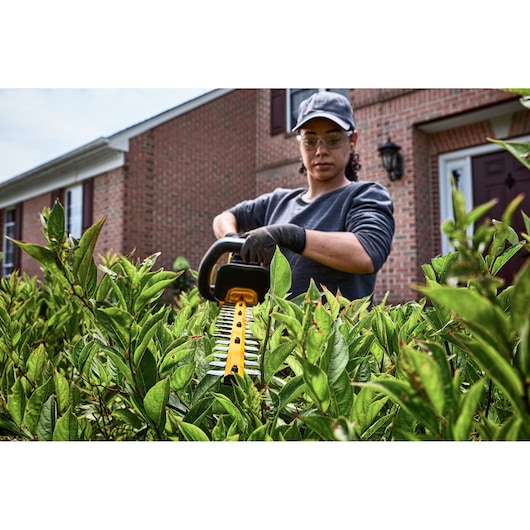 A person using a DEWALT hedge trimmer to trim green bushes in front of a brick house. The hedge trimmer is yellow and black, and the person's face is blurred.