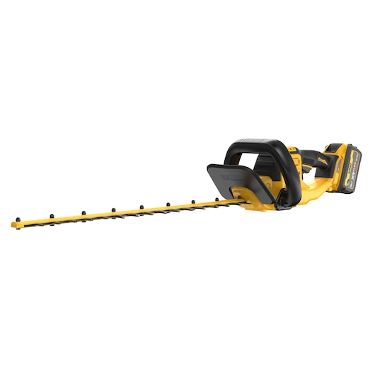 DEWALT cordless hedge trimmer with long yellow and black blade and ergonomic handle, shown on white background.
