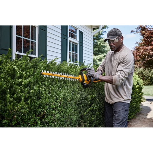 Person trimming hedges with a DEWALT cordless hedge trimmer outside a house with green window shutters.