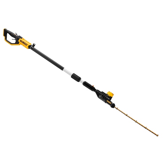 DEWALT cordless pole hedge trimmer with yellow and black body, extended for high reach garden trimming.