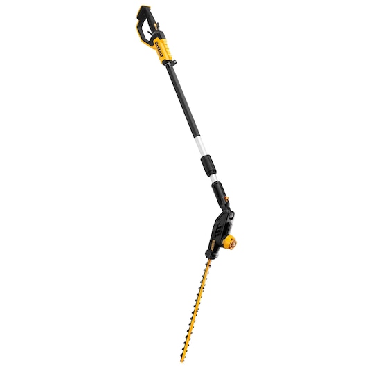 DEWALT pole hedge trimmer with yellow and black body, long telescopic handle, angled blade for high or distant trimming.