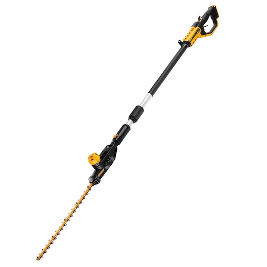 DEWALT cordless pole hedge trimmer with yellow accents and telescopic handle, shown against a white background.
