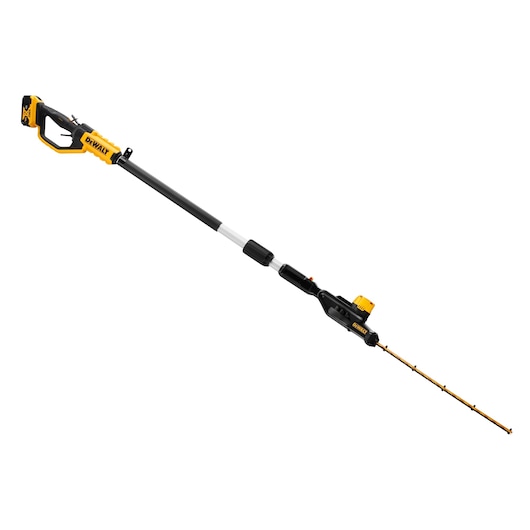 DEWALT cordless pole hedge trimmer with telescopic shaft for extended reach, shown isolated on a white background.