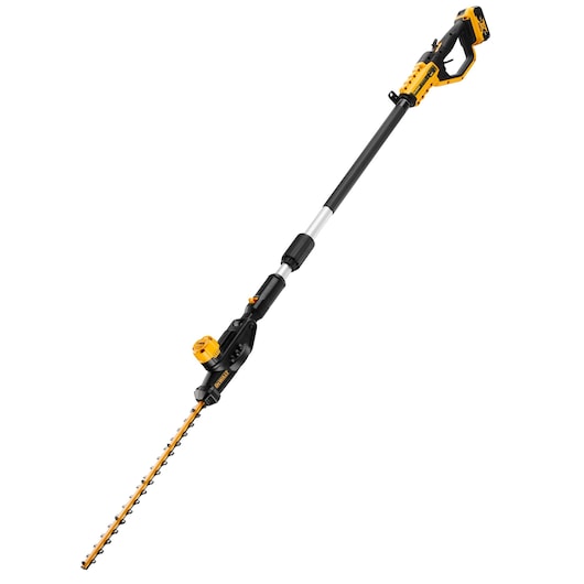 Cordless pole hedge trimmer with yellow and black handle and blade for trimming tall hedges.