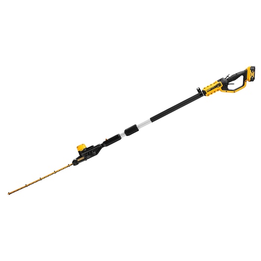 DEWALT cordless pole hedge trimmer with long reach, black and yellow, suitable for professional garden maintenance.