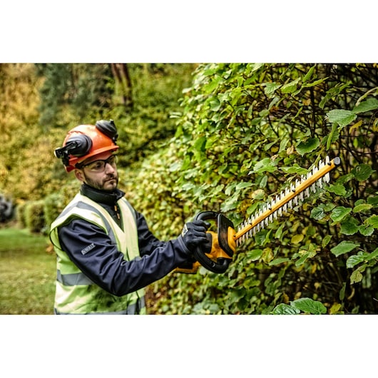 Person trimming hedge with a DEWALT cordless pole hedge trimmer outdoors. Safety gear is worn.