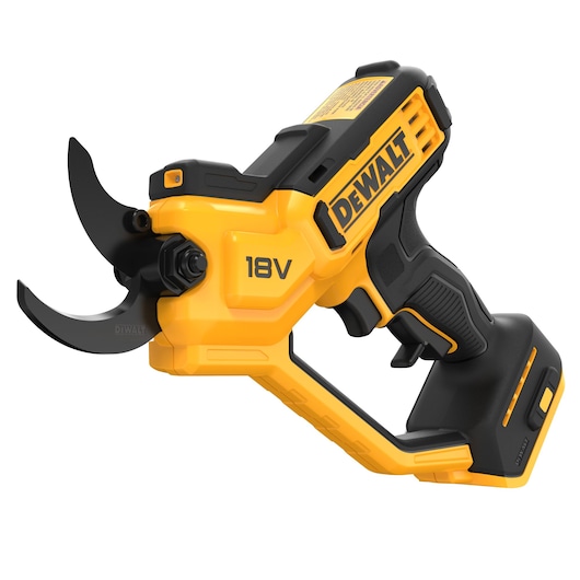 DEWALT 18V cordless pruning shears with ergonomic black-yellow handle and sharp blades.
