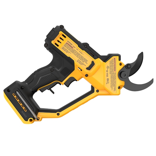 DEWALT cordless electric pruning shears with yellow and black design for cutting branches.