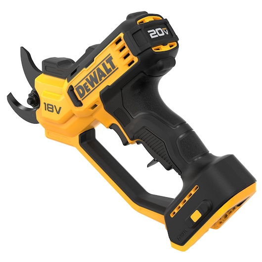 DEWALT cordless electric pruner tool in yellow and black, labeled 18V and 20V MAX.