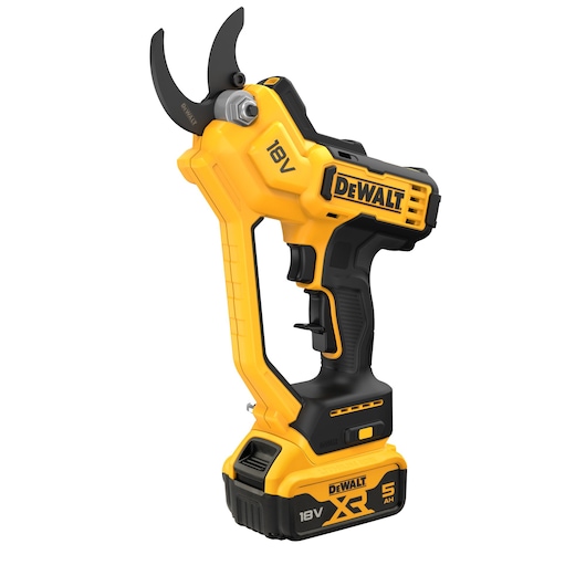 DEWALT 18V cordless pruning shears with black and yellow body, 5Ah battery, ergonomic handle.