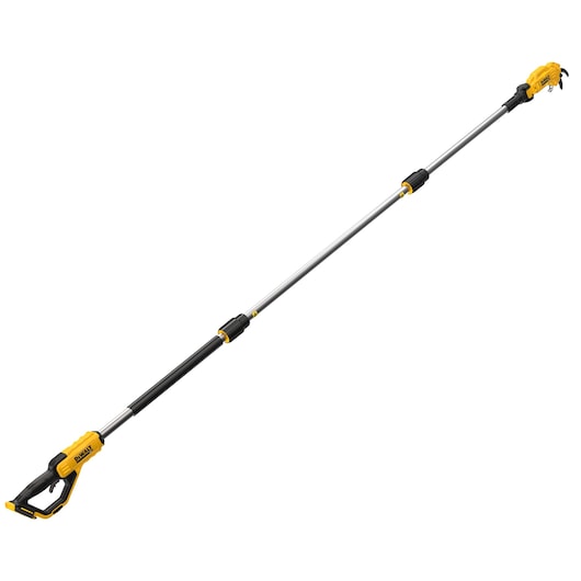 Long cordless pole saw tool with yellow and black handle and silver telescopic shaft on white background.
