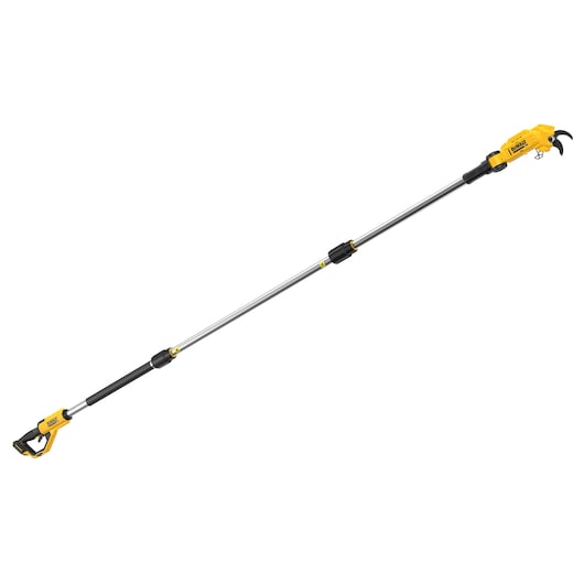 DEWALT cordless pole pruner with yellow handle and long telescopic shaft for tree trimming.