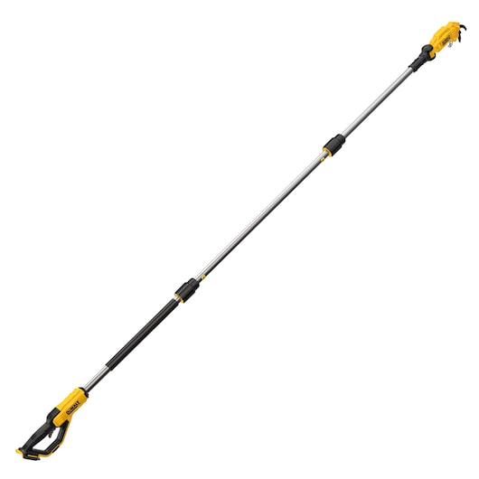 Long telescopic pole saw with yellow and black handle, suitable for pruning high branches.