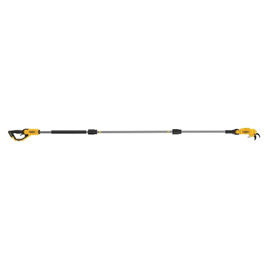 DEWALT cordless pole saw DCMPP569N with long extendable shaft and saw blade for pruning trees.