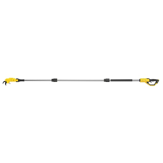Long DEWALT cordless pole pruner with yellow motor and handle, extendable for trimming branches.