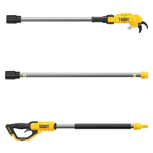 Three DEWALT pole pruner components in yellow and black, shown separately for assembly view.