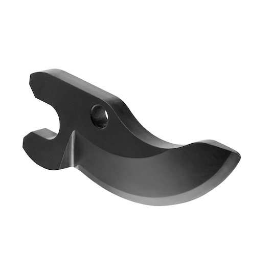 Curved black metal part with a slot and hole, photographed on a white background.