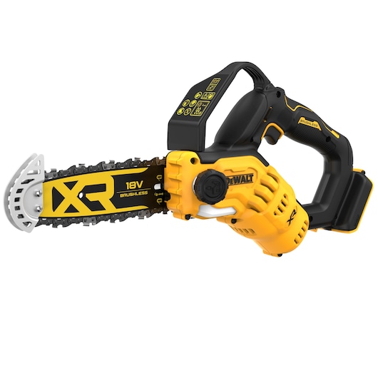 DEWALT 18V XR cordless brushless chainsaw in yellow and black, shown from side angle.