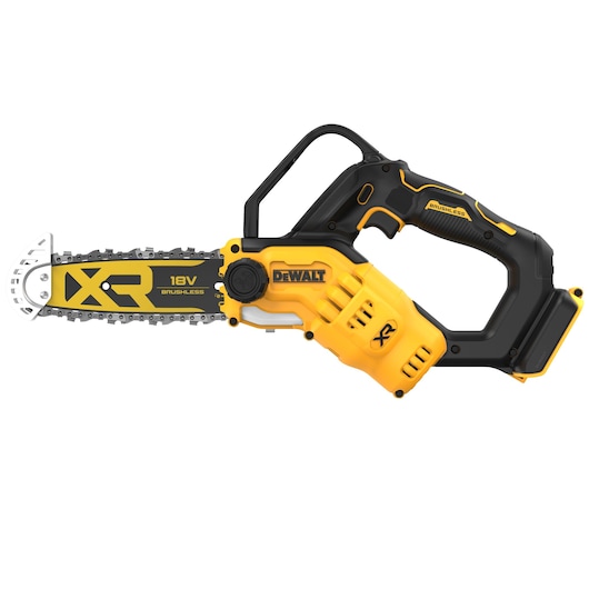 DEWALT 18V XR Brushless cordless compact chainsaw, model DCMPS520N, with a black and yellow body and visible chain bar.