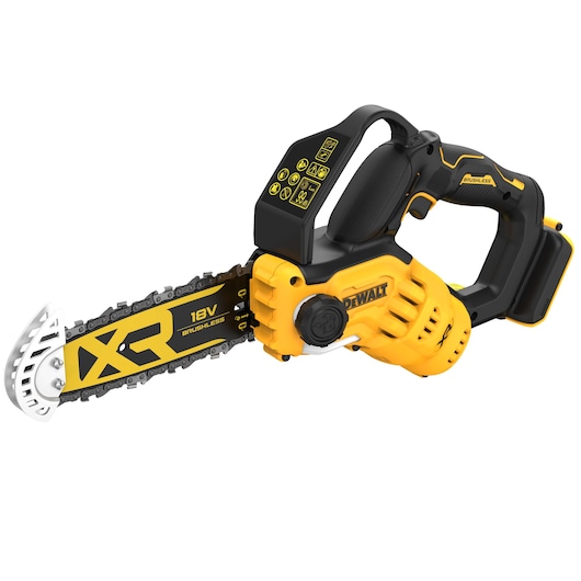 A yellow and black DEWALT cordless 18V XR brushless chainsaw with ergonomic handle and protective hand guard, model DCMPS520N.