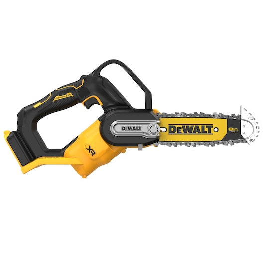 A DEWALT cordless mini chainsaw with an 8-inch bar, showcasing a yellow and black design and brushless motor, model DCMPS520N.