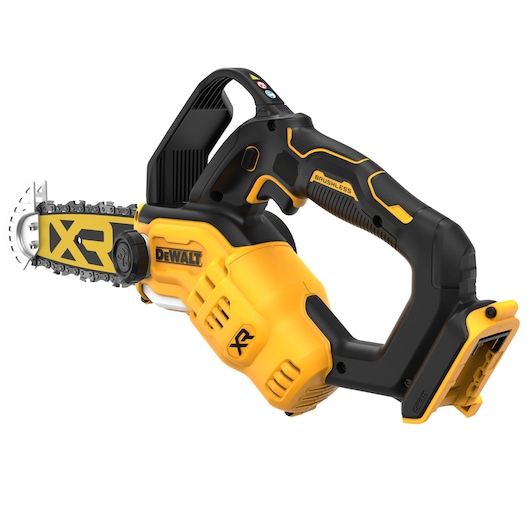 A DEWALT cordless brushless chainsaw with a yellow and black body, XR branding, and ergonomic handle. The battery is not attached.