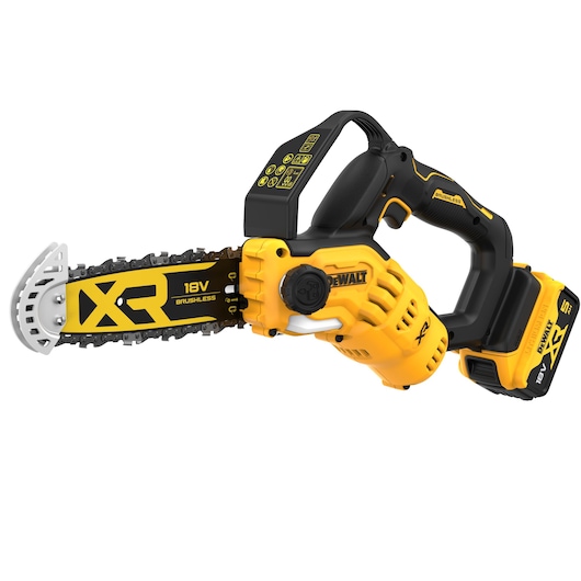 A DEWALT 18V XR brushless cordless chainsaw with a yellow and black design, featuring a battery pack and ergonomic handle.