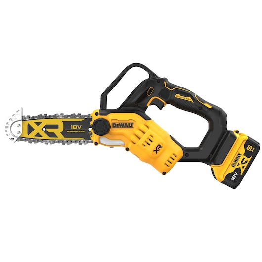 A DEWALT 18V XR Brushless cordless pruner chainsaw featuring a yellow and black design, a safety guard over the chain, and a 5.0Ah lithium-ion battery attached.
