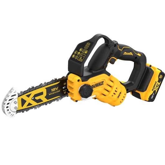 A DEWALT 18V XR cordless brushless chainsaw with a yellow and black design, ergonomic handle, safety guard, and visible battery pack.