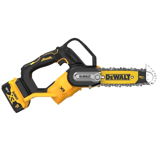 DEWALT cordless 8-inch chainsaw with yellow and black design, featuring a brushless motor and XR lithium-ion battery.