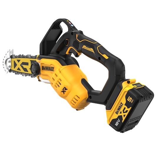 A DEWALT 18V XR cordless chainsaw with a black and yellow body, brushless motor, and a 5 Ah battery pack attached.