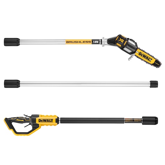 DEWALT DCMPS567N 18V brushless pole saw with three parts, shown separately on a white background.
