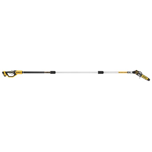 DEWALT cordless pole saw with a long extendable shaft, designed for trimming high branches.