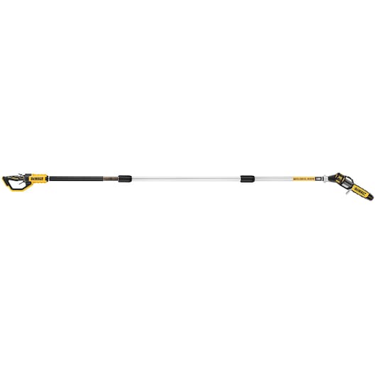 DEWALT cordless pole saw with long reach and yellow-black colors, designed for trimming high branches.