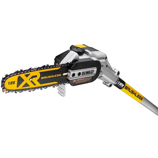 DEWALT 18V XR brushless pole saw close-up, showing chain and branding on the tool head.