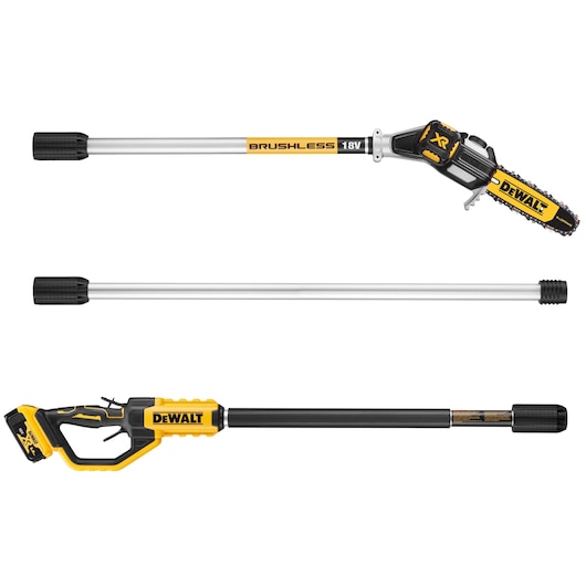 DEWALT 18V cordless pole saw with brushless motor and extension tubes. Yellow and black design.