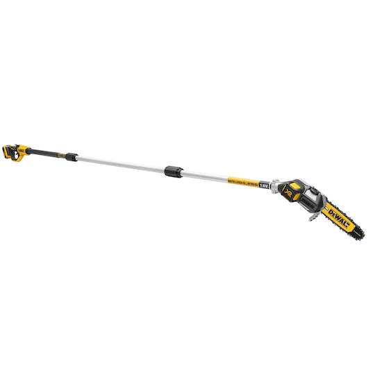 DEWALT 18V cordless pole saw with telescopic handle for pruning high branches.