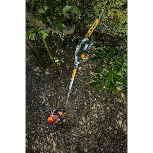 Person using a DEWALT pole saw to trim tree branches outdoors, wearing protective gear.