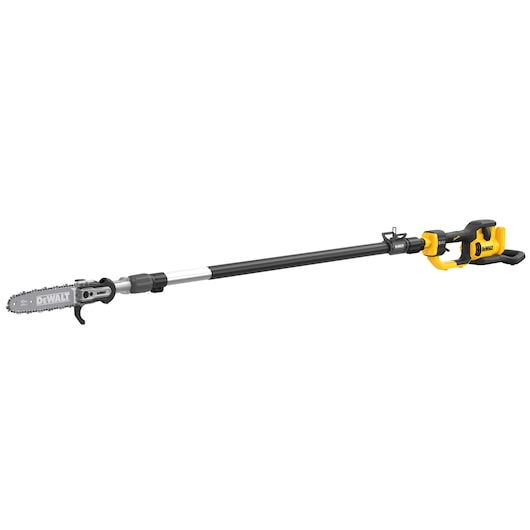 DEWALT cordless pole saw with long handle and chainsaw blade for high branch cutting.
