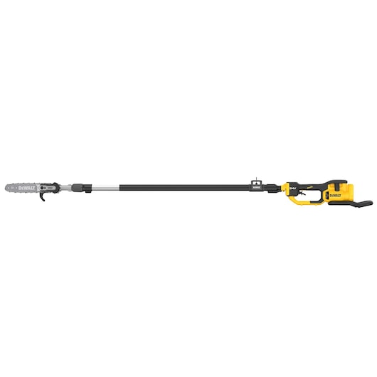 DEWALT cordless pole saw with yellow and black design, long handle, and cutting blade for tree trimming.
