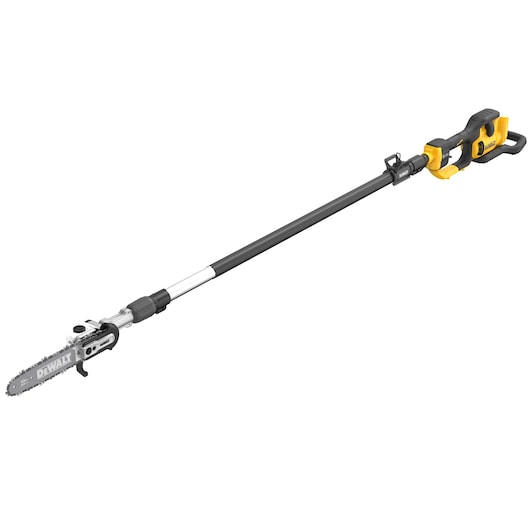 DEWALT cordless pole saw with long handle, used for pruning and trimming high branches safely.